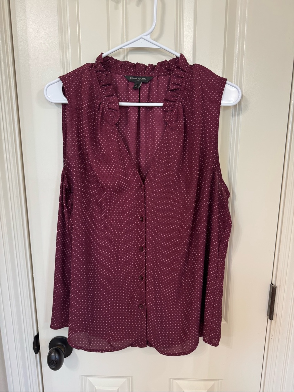 Banana Republic Sleeveless Ruffle V-Neck Blouse - Burgundy with Tiny Dot